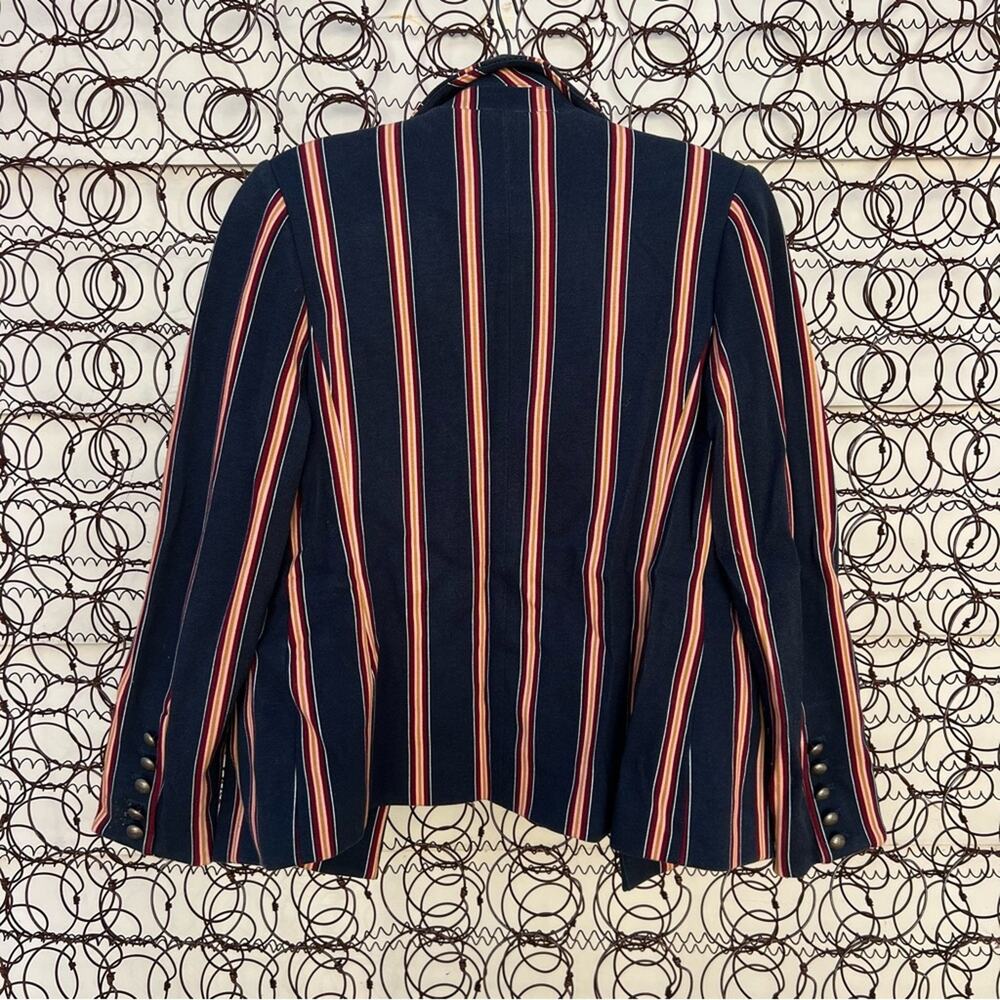 Chicos Striped Twill Ponte navy maroon gold tan stripe blazer Chicos size 0 - Picture 6 of 9